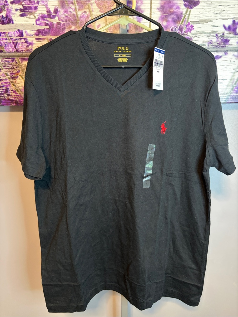 Men’s Polo by Ralph Lauren Black V-Neck T-Shirt with Red Pony Logo Size M